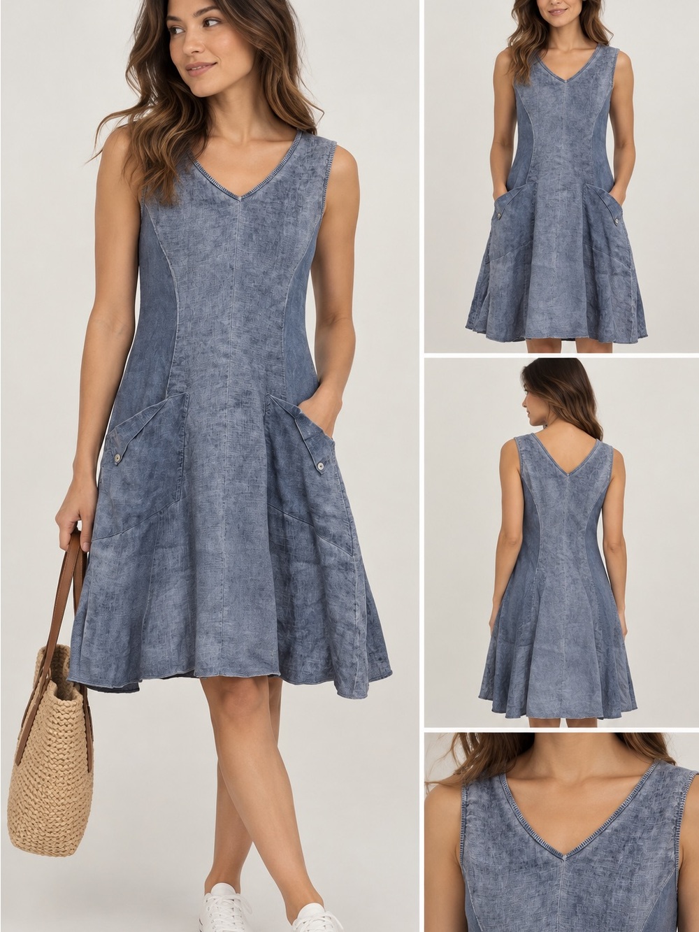 🩵 Washed Blue-Grey Sleeveless A-Line Dress